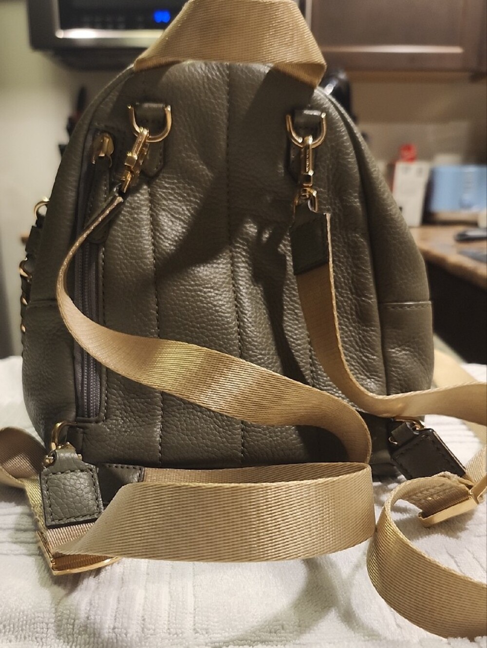 Michael Kors Olive Green Pebbled Leather Mini Backpack with Gold Chain - Picture 5 of 10